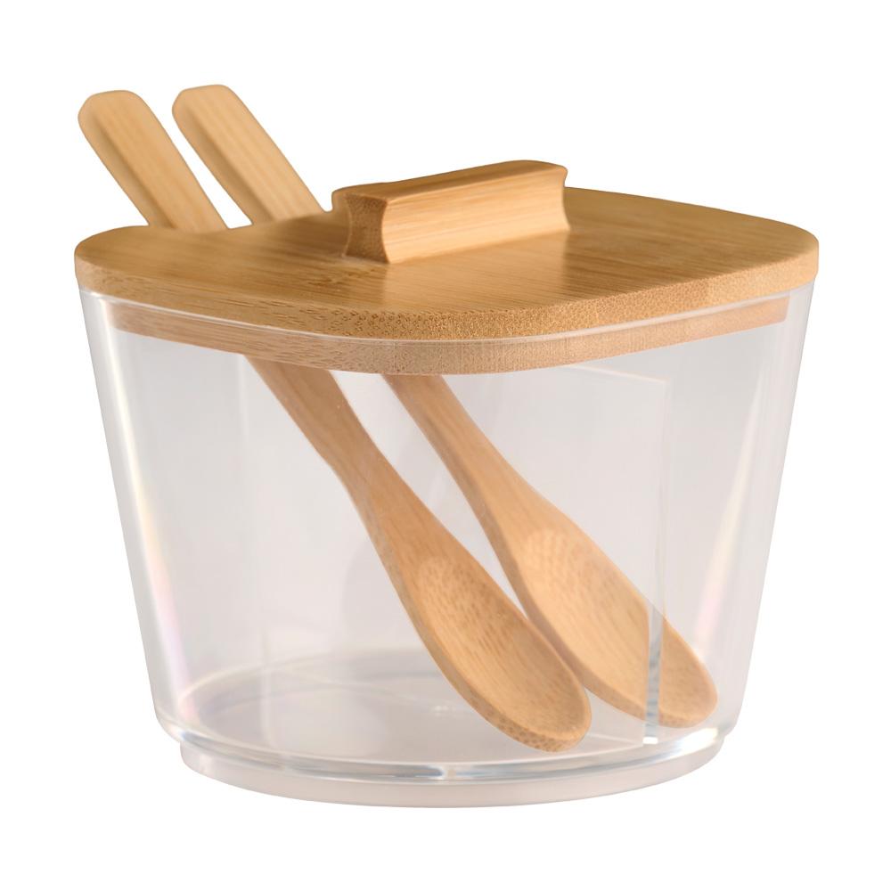 Day Azucarero Doble con 2 Cucharillas de Bambú, Plástico Transparente, 10x12 cm, h.9,5 cm