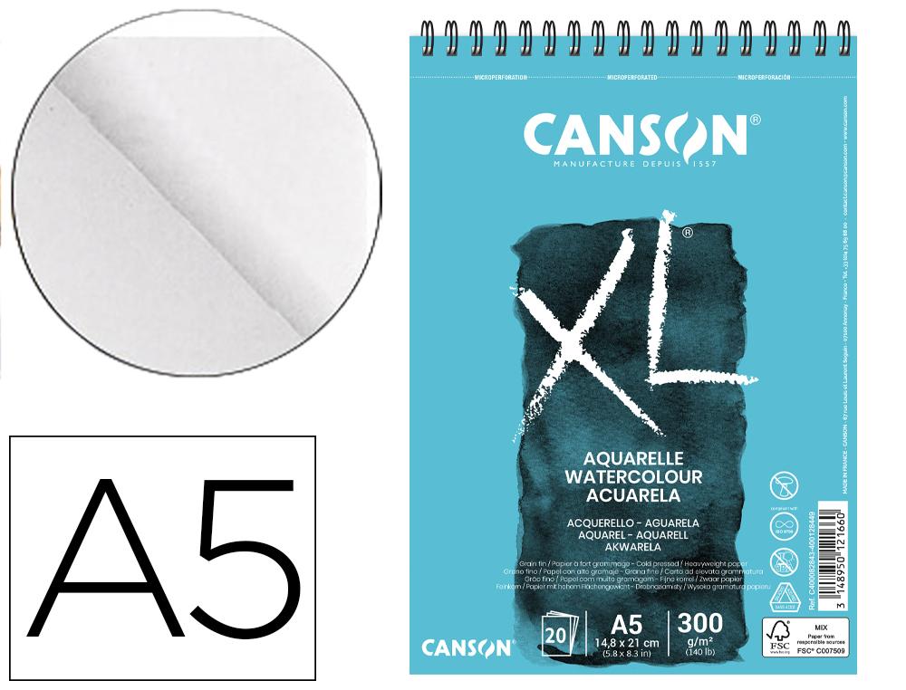 Canson Bloc Dibujo XL Aquarelle A5 Grano Fino Microperforado Espiral 20 Hojas 300g/m² para Acuarela