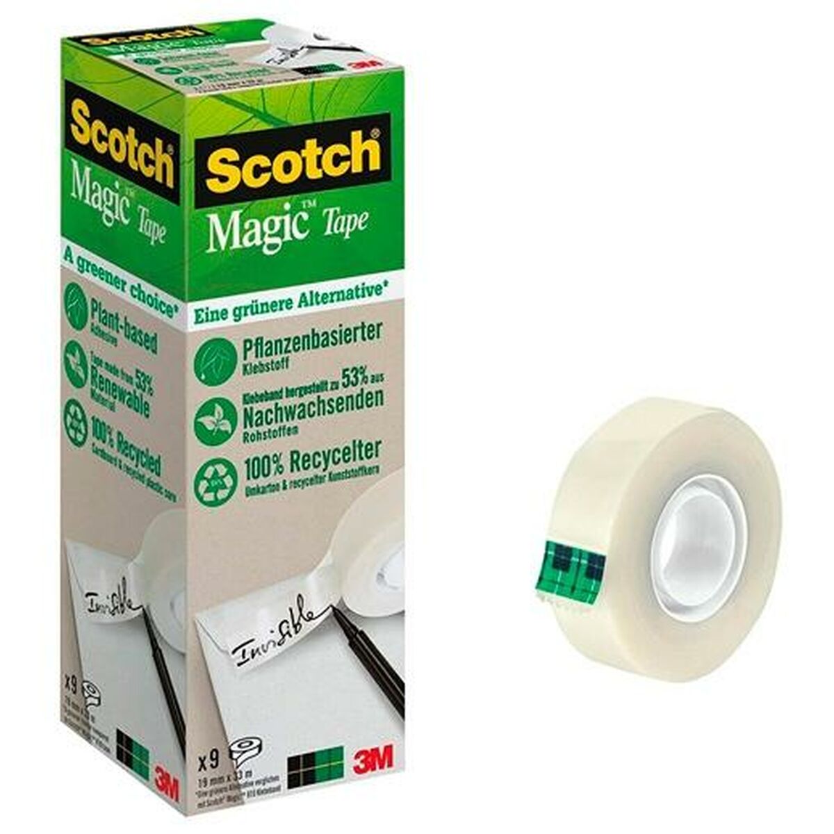 Scotch Cinta Adhesiva Magic Invisible Eco, 33 m x 19 mm, Pack de 9 Unidades, 100% Reciclada, para Embalaje