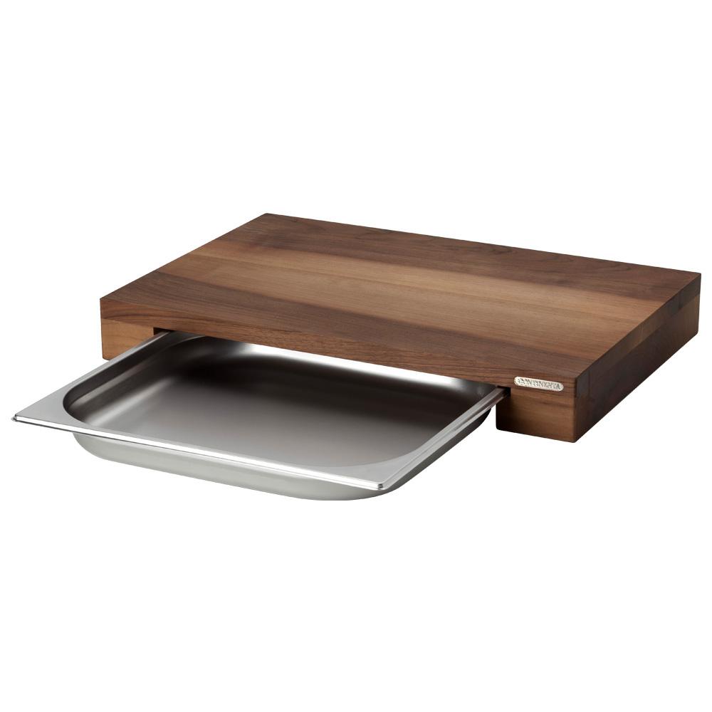 Continenta Tabla de Cortar de Madera de Nogal Aceitada con Bandeja y Cajón de Acero Inoxidable, Medidas 48x32,5x6 cm