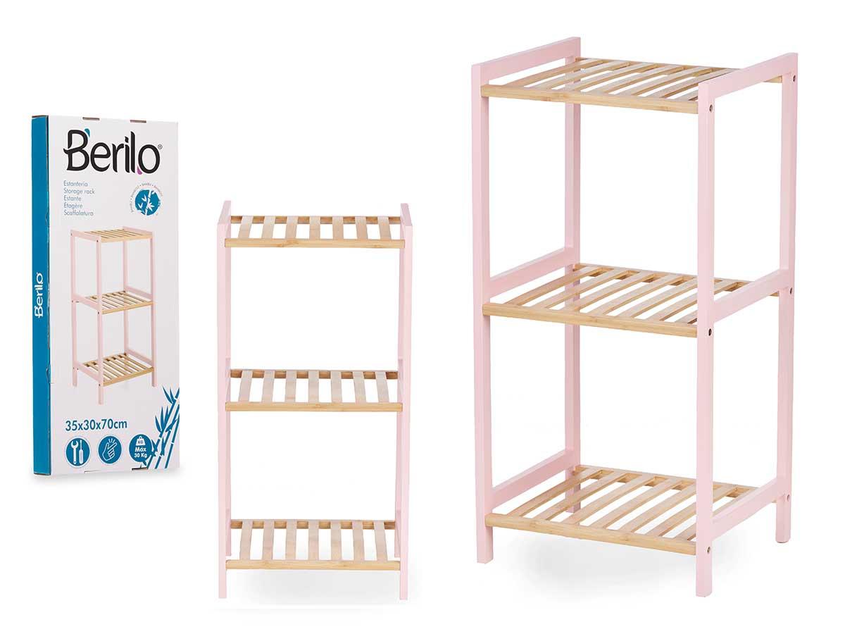 Berilo Estantería Cuadrada 3 Estantes Bambú Rosa 35x70x30 cm