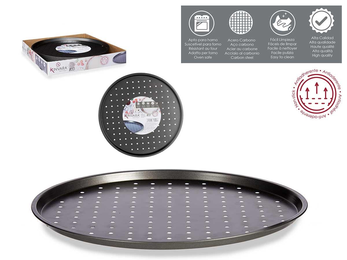 Kinvara Bandeja Horno Pizza Antiadherente Acero Carbono Gris 32.8x1.5x32.8 cm - Fácil Limpieza (24 Unidades)