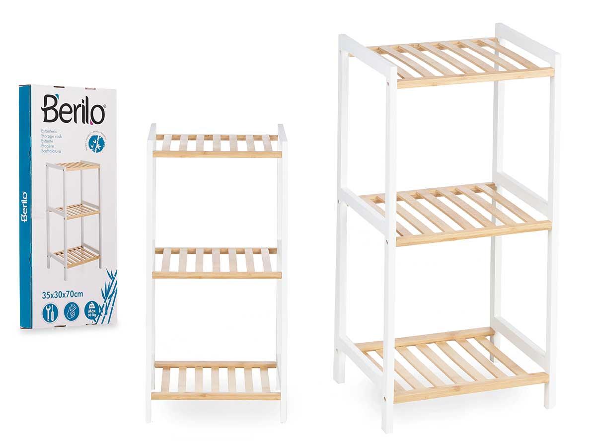 Berilo - Estantería Cuadrada de Bambú y Madera con 3 Estantes, Blanca y Natural, 70 x 6 x 30 cm