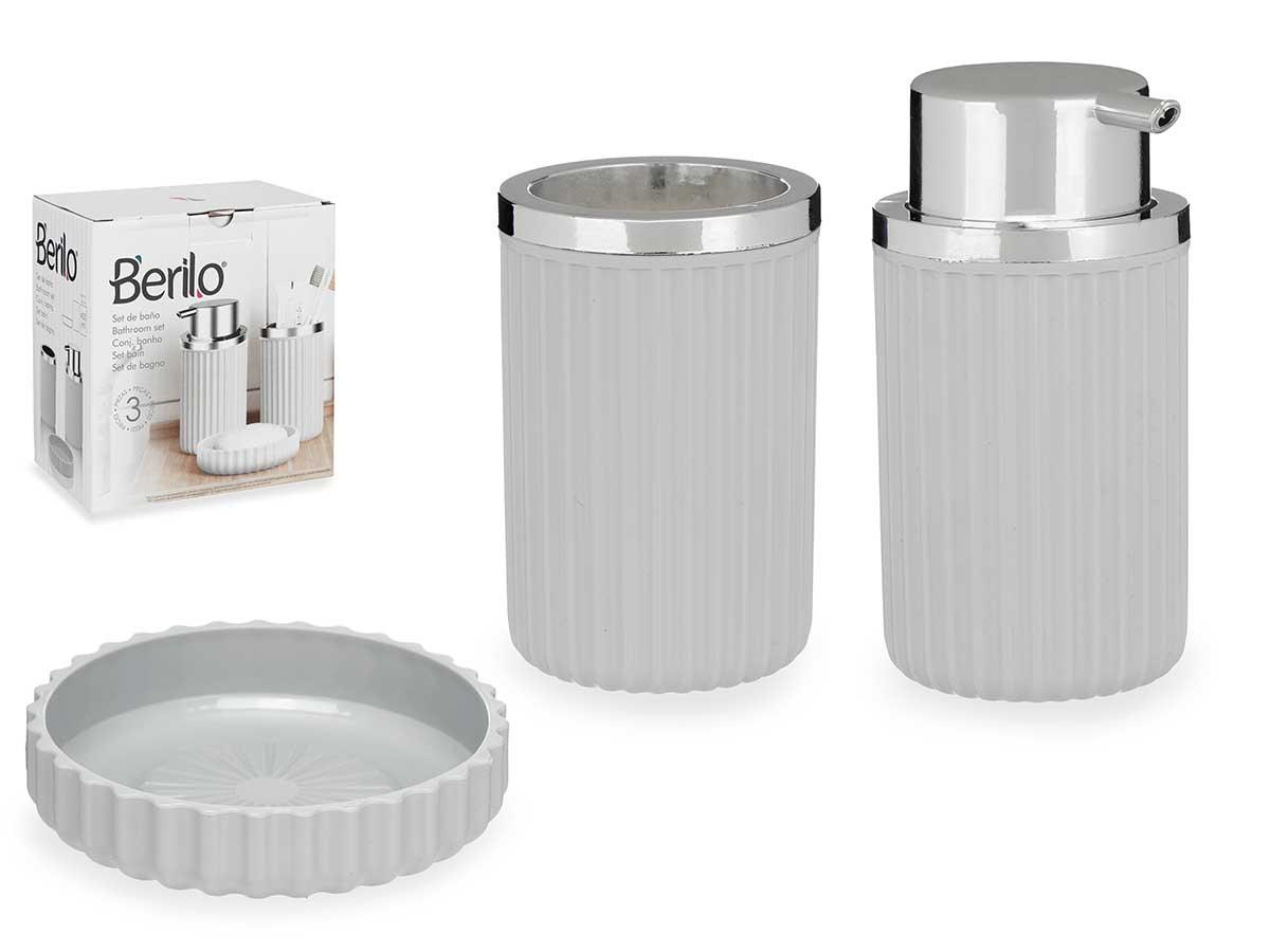 Berilo Set de Baño 3 Piezas Gris - Jabonero, Dispensador y Bote 10x16x15 cm (12 Unidades)