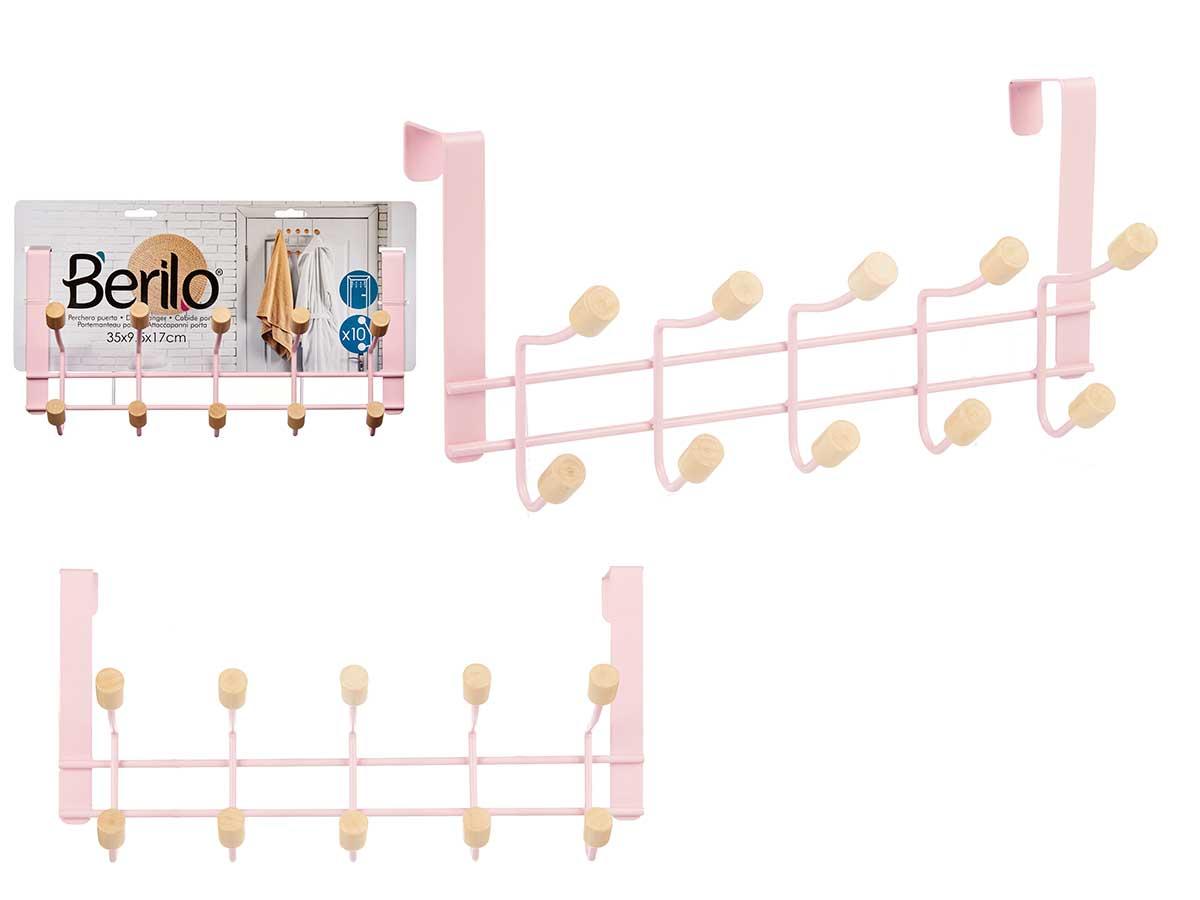 Berilo Percha de Metal con 10 Ganchos y Madera Rosa - 35x17x15 cm (6 Unidades)
