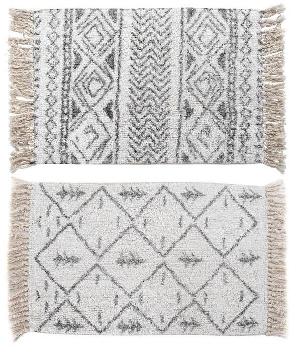 DKD Home Decor Alfombra de Baño Estilo Boho con Flecos, Diseño Blanco y Negro, de Algodón, 50x80 cm - Pack de 4 Unidades