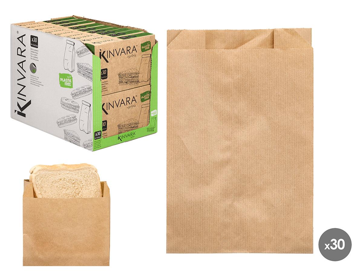 Kinvara Bolsa de Papel para Sandwich Kraft de Celulosa 14x21x7,5 cm 30 Unidades con Pegatinas Cierra Fácil Apta Congelador (18 Unidades)