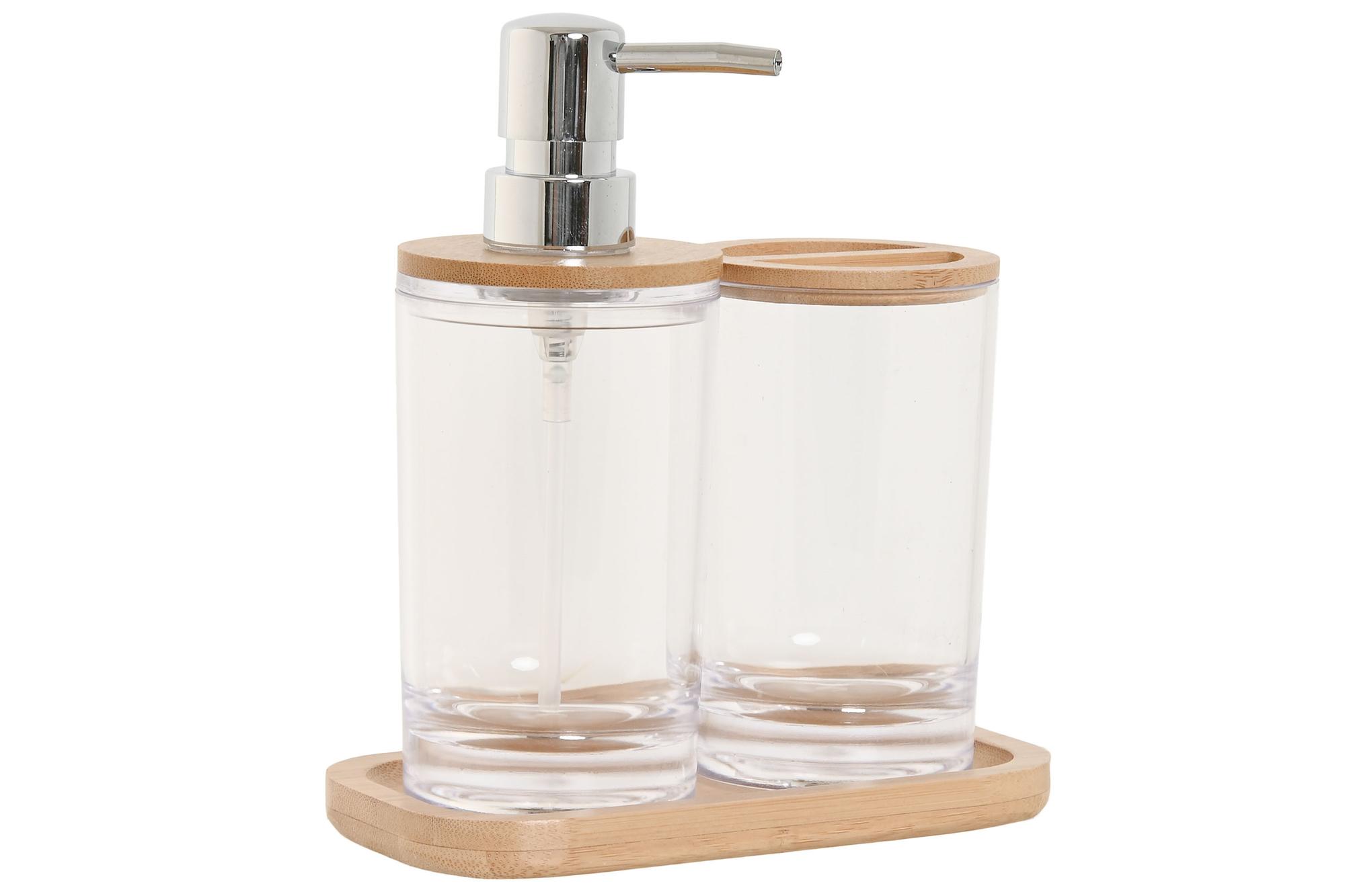 DKD Home Decor Set de 3 Piezas para Baño, Colores Transparente y Natural, Materiales Bambú y Plástico PS, 9x18x16 cm