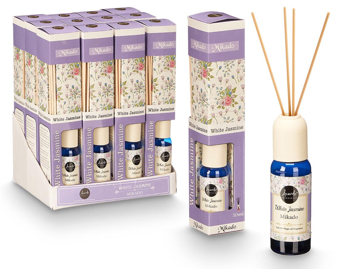 Acorde Mikado 50 ml con varillas, aroma jazmín, estampado floral lila, 5x25x5 cm (24 Unidades)