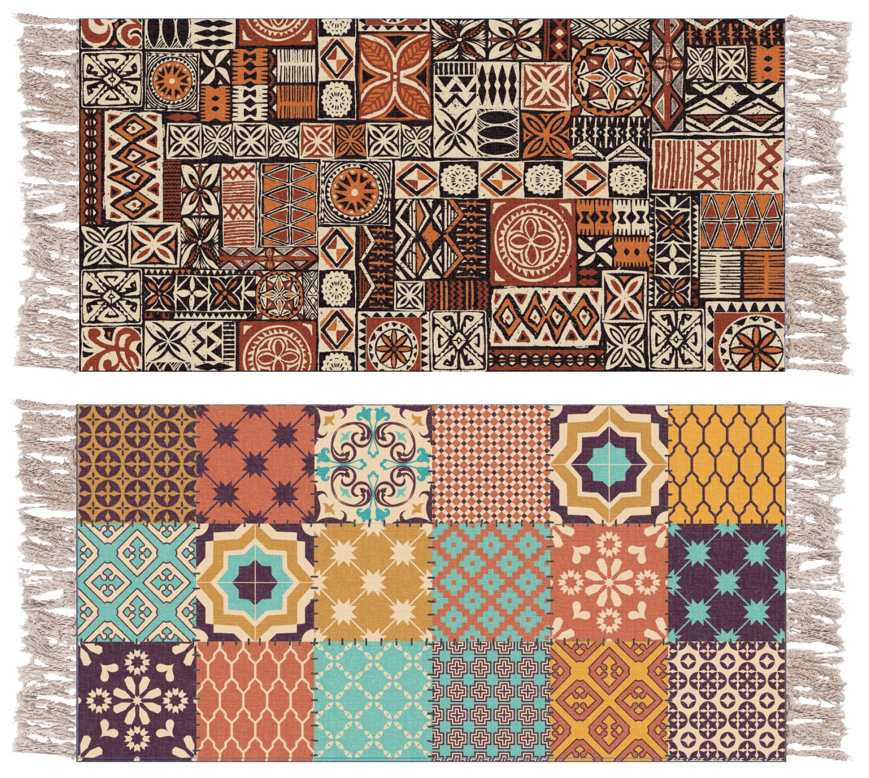 DKD Home Decor Set de 4 Alfombras Árabes Patchwork Decorativas Multicolor Beige Gris de Algodón y Poliéster 60x135 cm