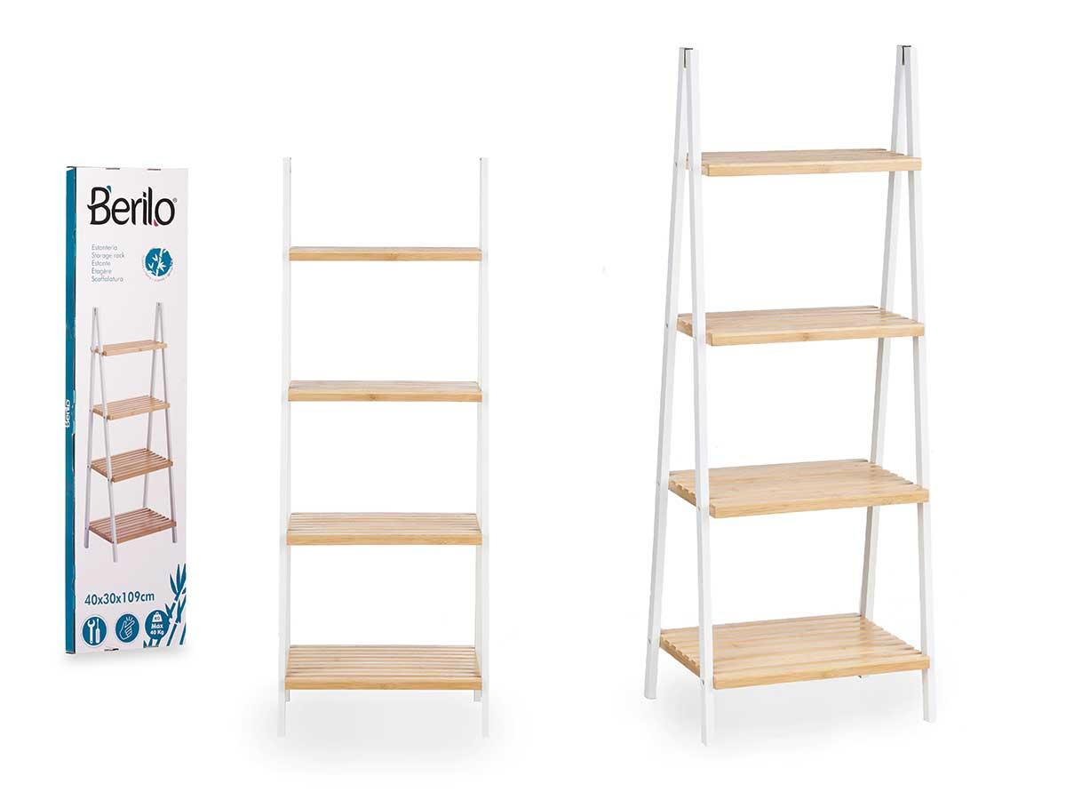 Berilo Estantería Escalera 4 Estantes de Bambú y Madera, Color Blanco y Natural, 109 cm Alto