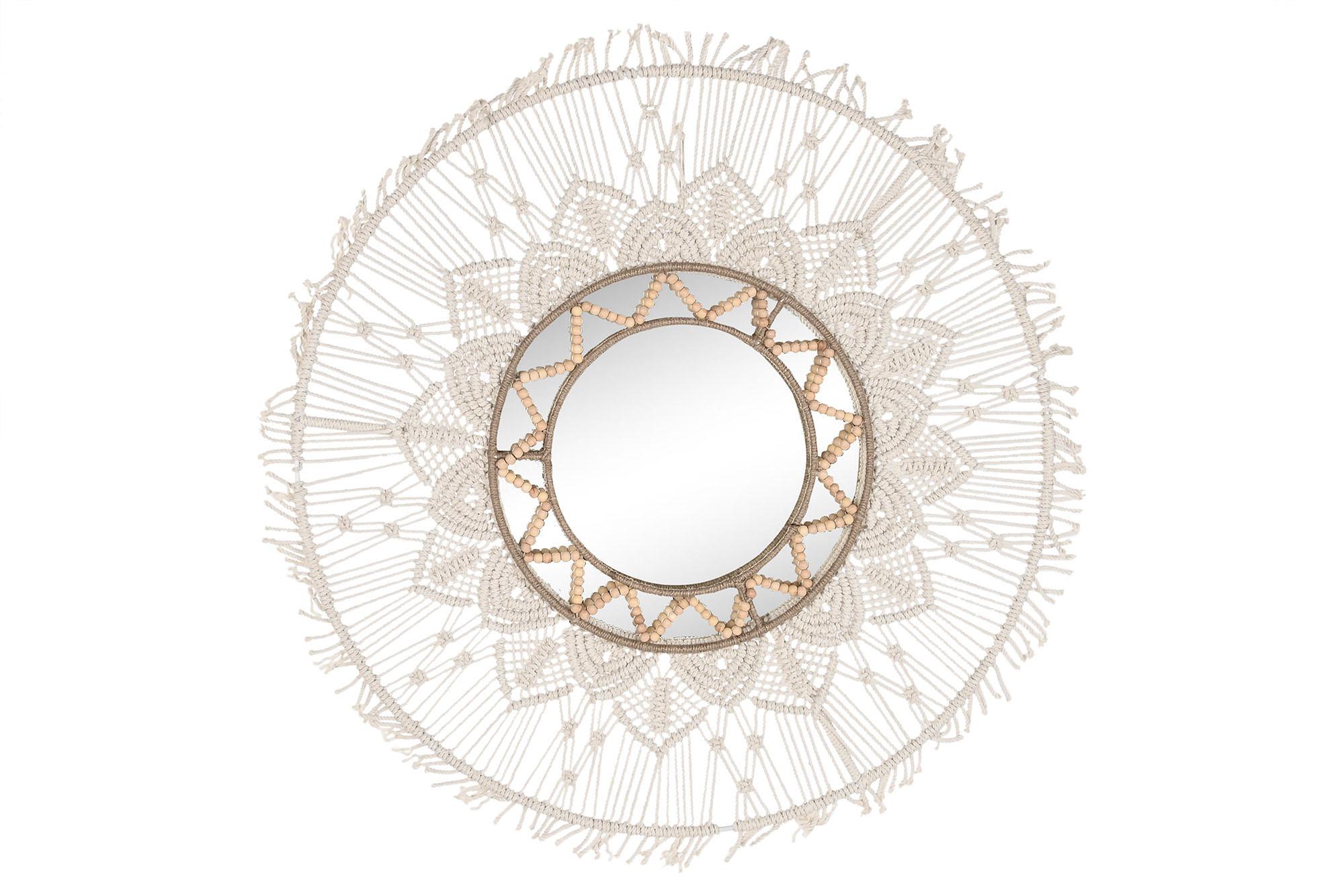 DKD Home Decor Espejo Boho Macramé y Yute Blanco Natural 76x76 cm, Cristal 36x36 cm (2 Unidades)