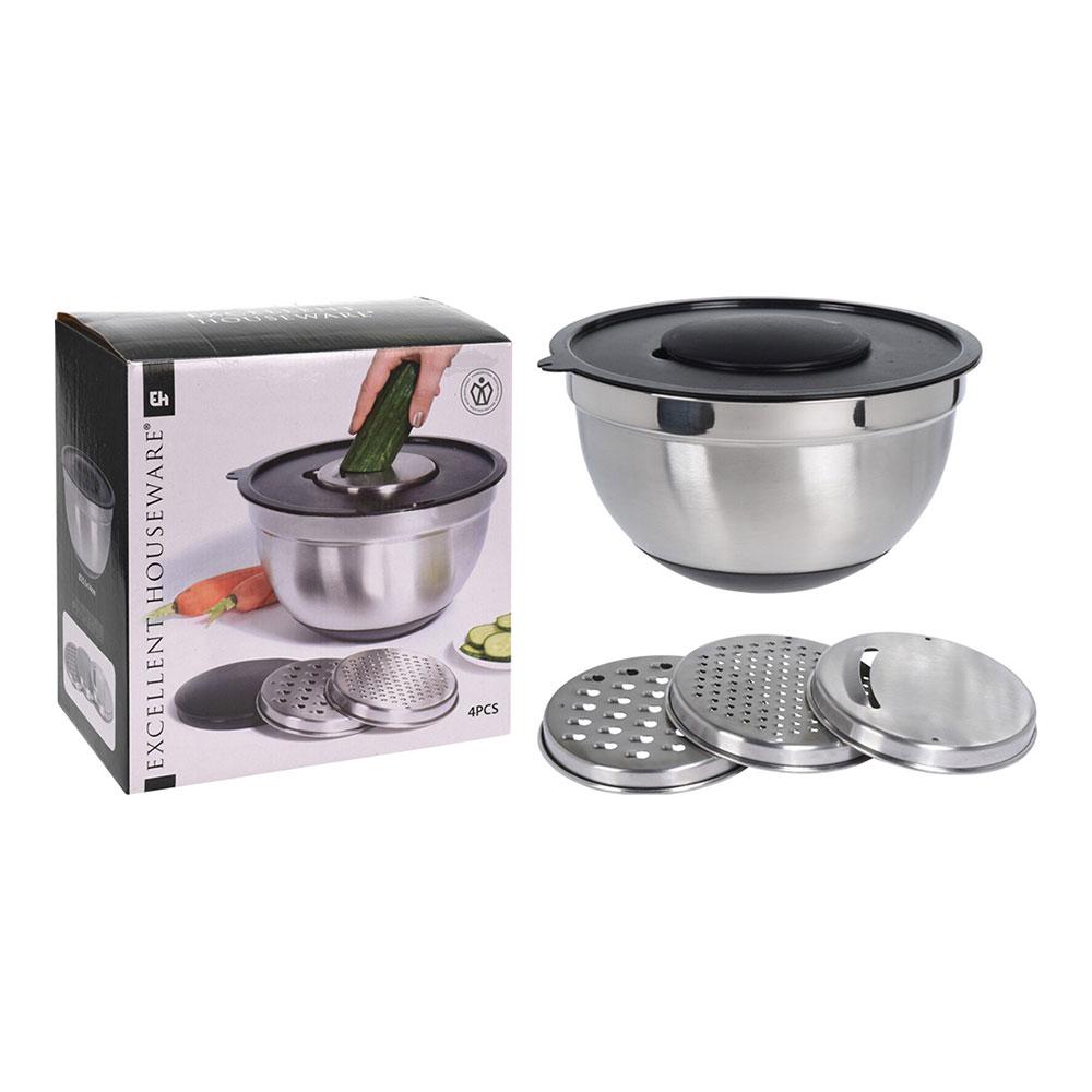 Excellent Houseware Ensaladera + 3 ralladores de acero inoxidable, antideslizante, apto lavavajillas, a12405340