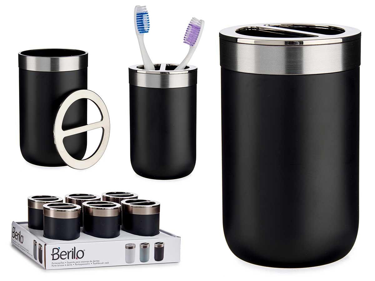 Berilo Portacepillos Plateado y Negro 7.7x11.5x7.7 cm (12 Unidades)