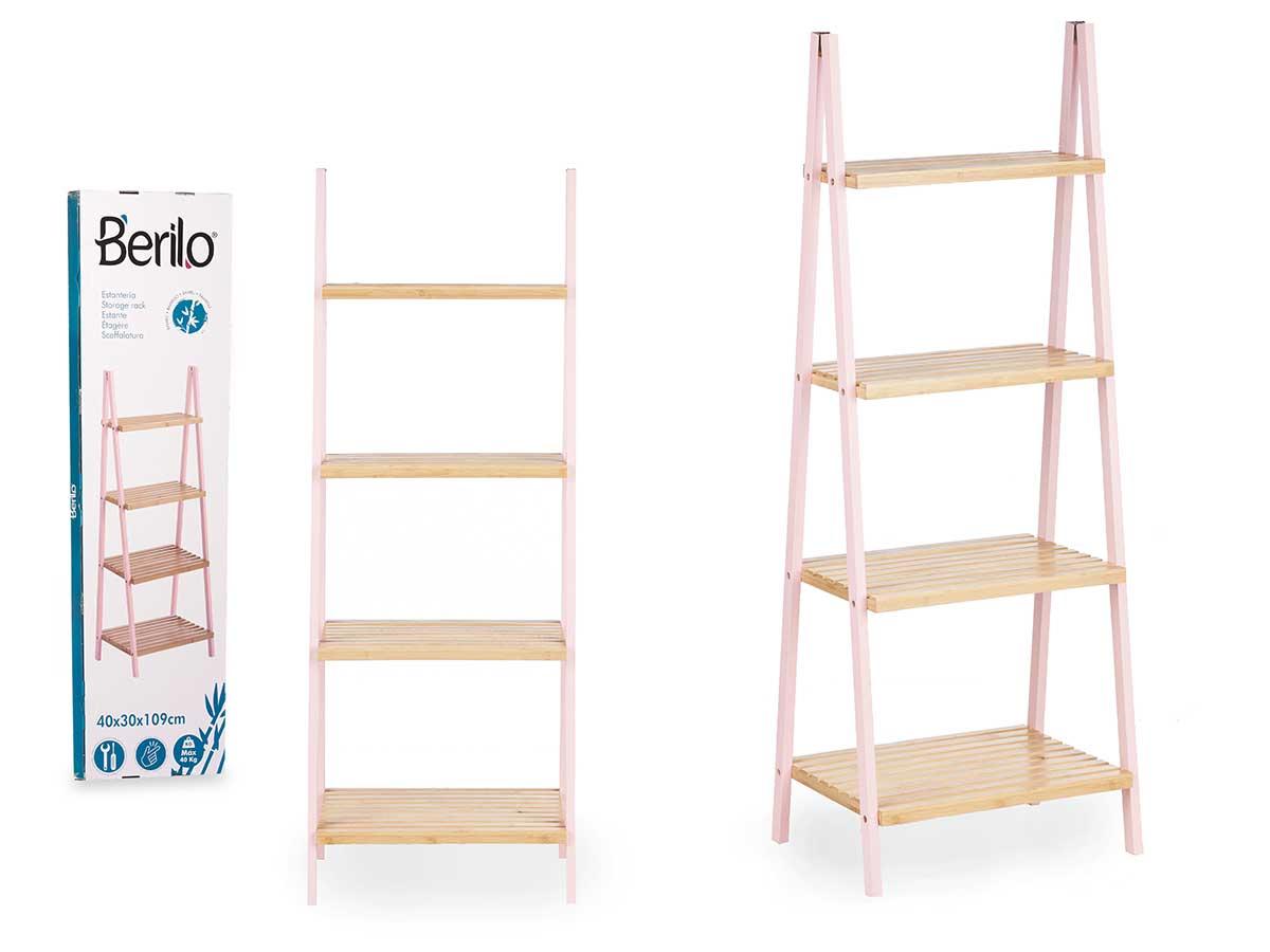 Berilo Estantería Escalera 4 Estantes Bambú Rosa 40x109x30 cm