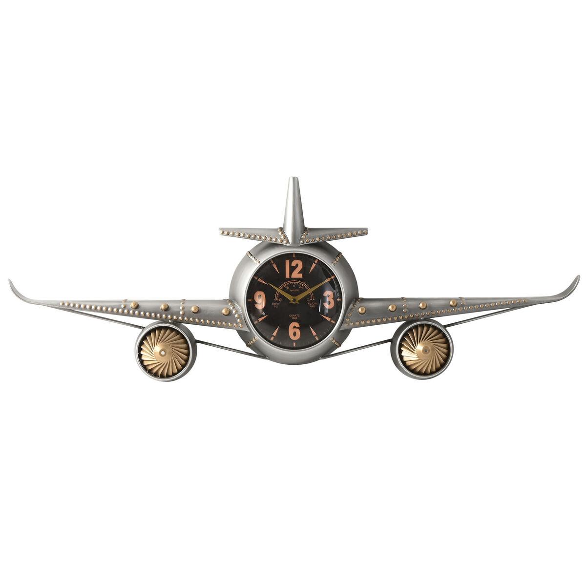 DKD Home Decor Bolai avion 25 Reloj de Pared Vintage Decorativo de Metal Estilo Avión, Colores Plateado y Dorado, 114 cm Ancho x 40 cm Alto