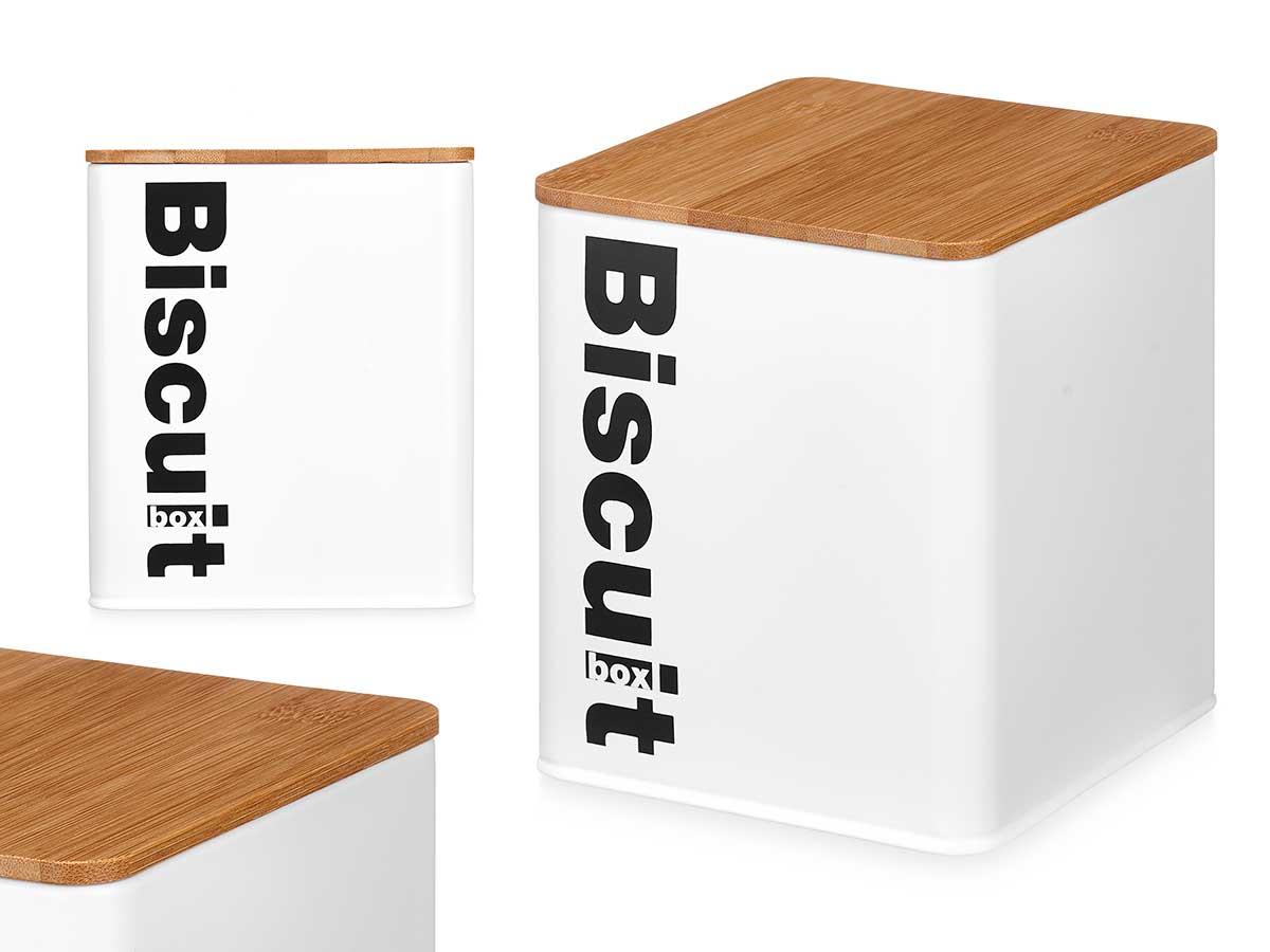 Kinvara Bote Metal Cuadrado Biscuit Blanco con Tapa de Bambú 14.4x16.5x14.4 cm (6 Unidades)