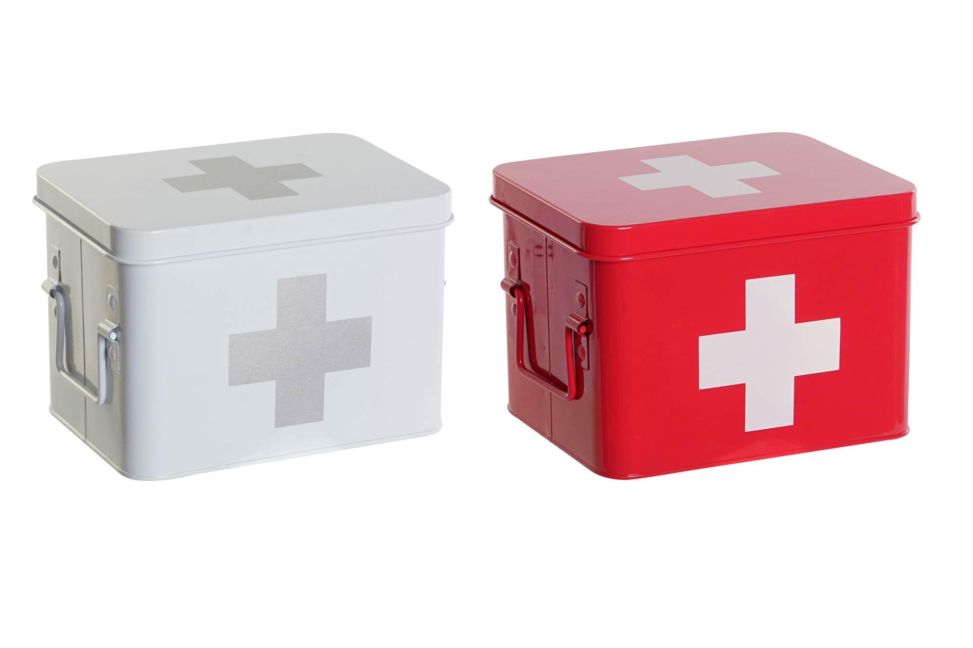 DKD Home Decor Botiquín Básico de Primeros Auxilios Metálico Blanco y Rojo, Largo 16.5 x Ancho 22.5 x Alto 16 cm (4 Unidades)