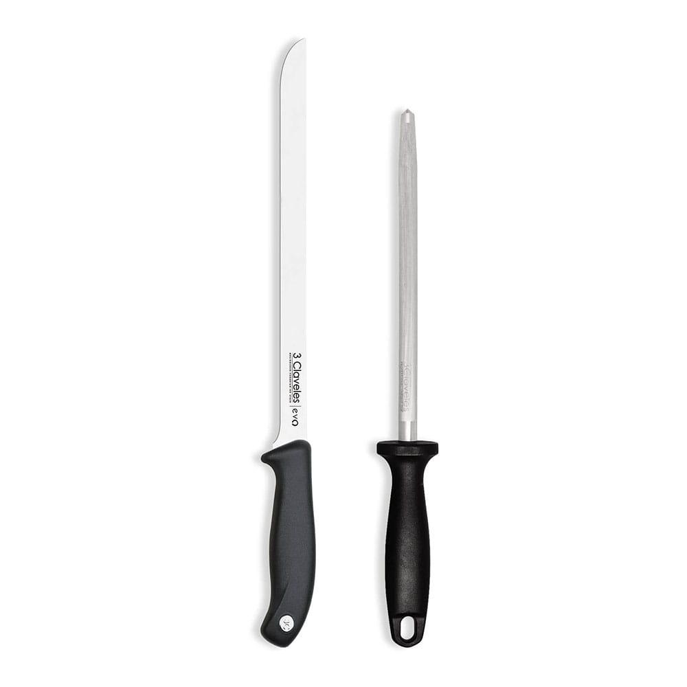 3 Claveles Cuchillo jamonero y chaira - Hoja larga flexible de acero inox, mango inyectado, 25 cm