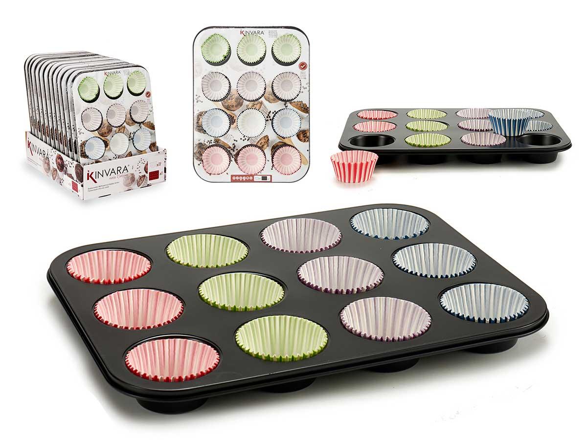 Kinvara Bandeja 72 Moldes de Papel para Magdalenas, Acero Carbono y Papel, 35x26.5x3 cm (12 Unidades)