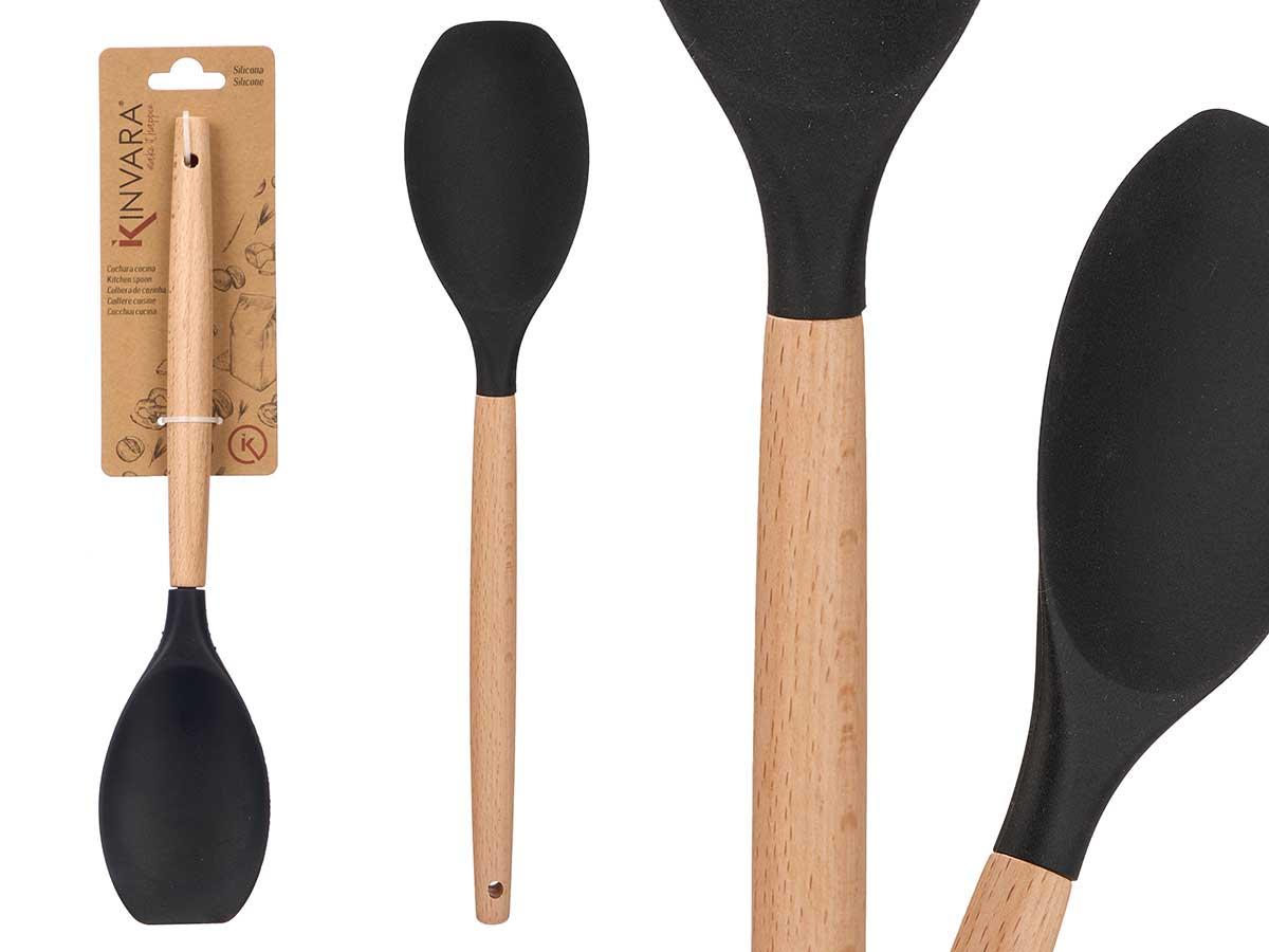 Kinvara Cuchara Sopera Negra con Mango de Madera 32 cm (24 Unidades)