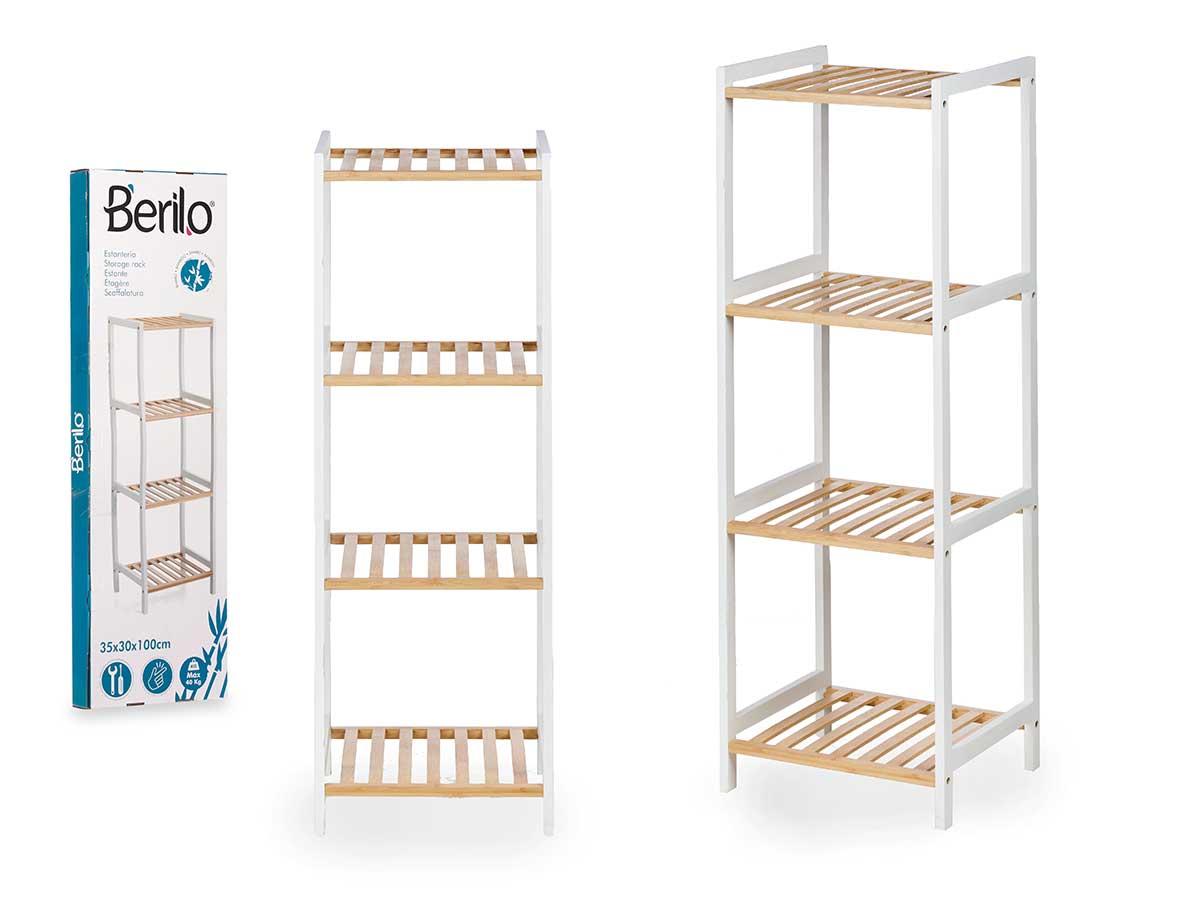 Berilo Estantería Cuadrada 4 Estantes Bambú Blanco 100x30x6 cm