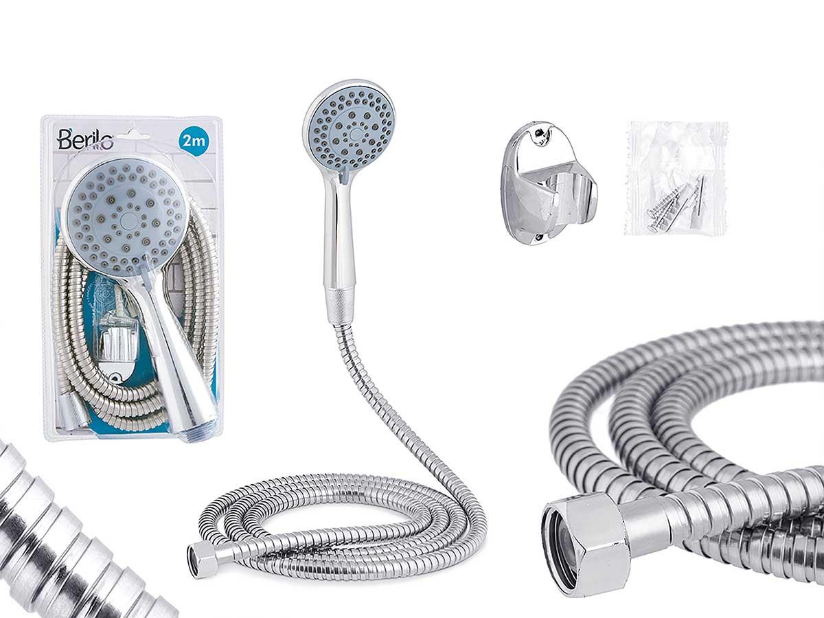 Berilo Teléfono Ducha Redondo con Difusor y Manguera 2m, 15x28x6 cm, Efecto Lluvia, Plata (12 Unidades)