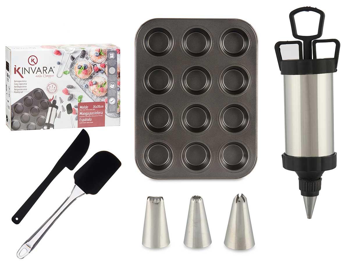 Kinvara Set Repostería Molde, Manga Pastelera y Espátula - 5.5x22x31.5 cm (12 Unidades)
