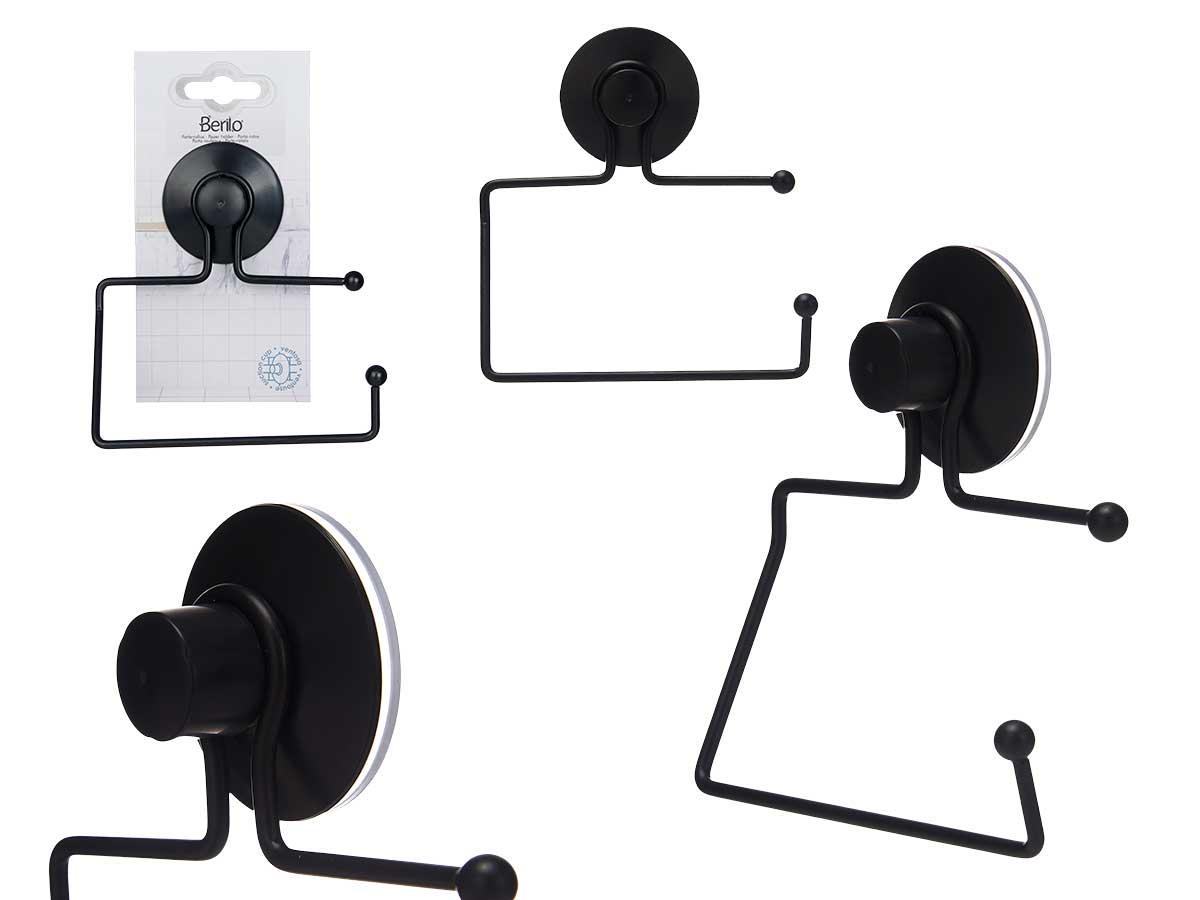 Berilo Portarrollos de Metal Negro Mate con Ventosa, 12x14x3.5 cm, Plástico ABS y Acero (12 Unidades)