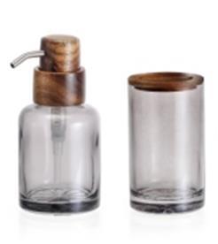 DKD Home Decor Set de Accesorios de Baño de Cristal y Acacia Gris Transparente 7x16x10 cm - 2 Piezas