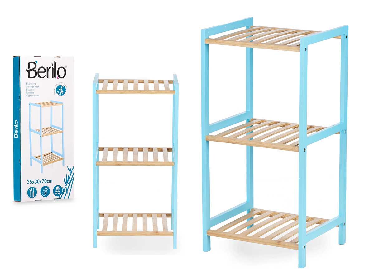 Berilo Estantería Cuadrada 3 Estantes Bambú Azul 35x70x30 cm