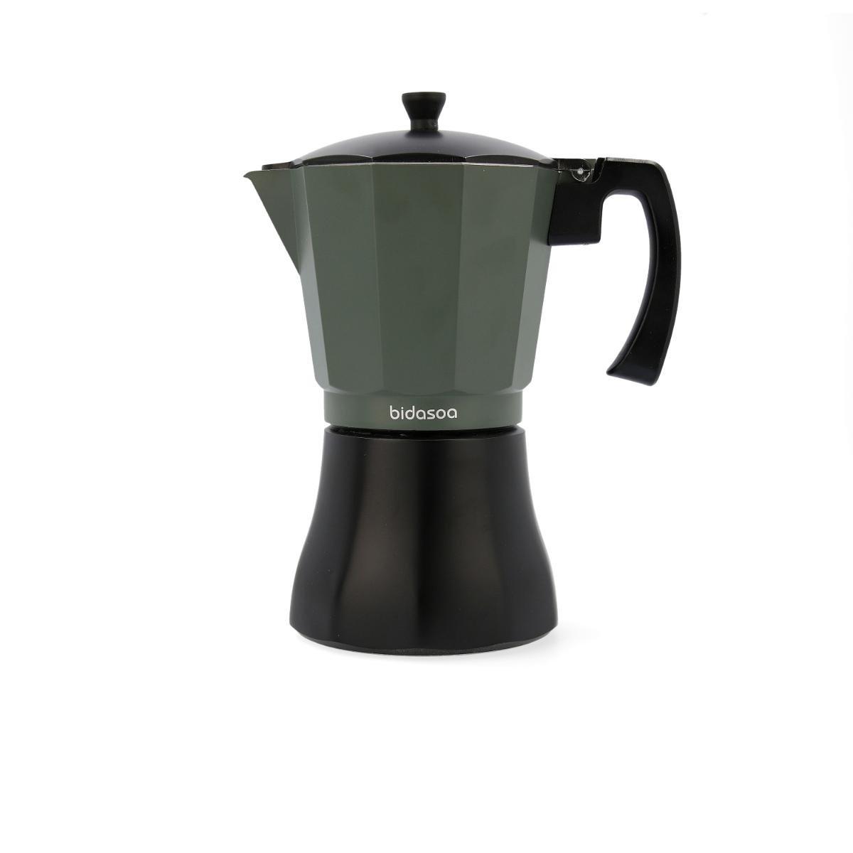 Bidasoa Cafetera Aluminio Vera 12 Tazas Verde Mate, Fondo Inducción Total, Máxima Eficiencia y Asas Soft Touch