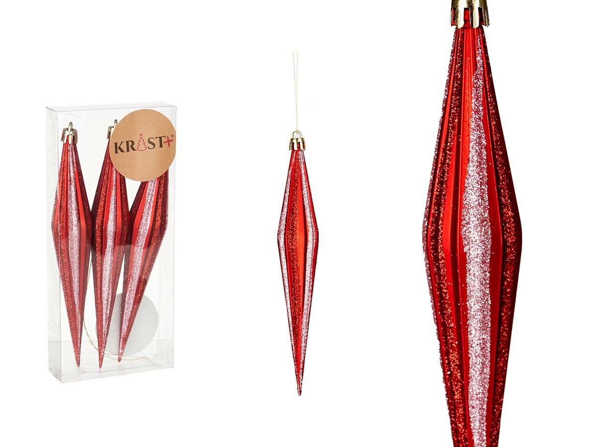 Krist+ Set de 3 Adornos Navideños Alargados en Rojo, 17 cm (12 Unidades)