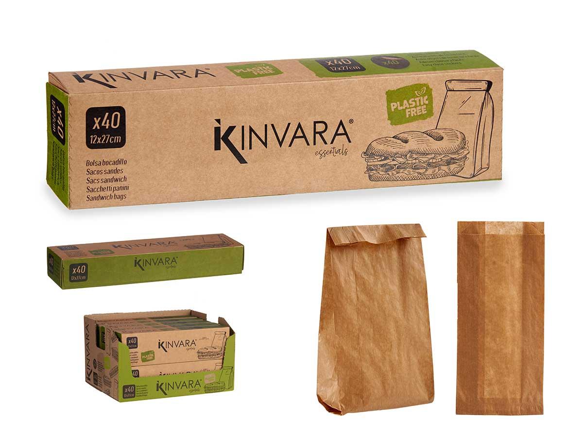 Kinvara Bolsa de Papel para Bocadillos Kraft, 40 Unidades, 12x27.6 cm, con 40 pegatinas de cierre fácil (10 Unidades)