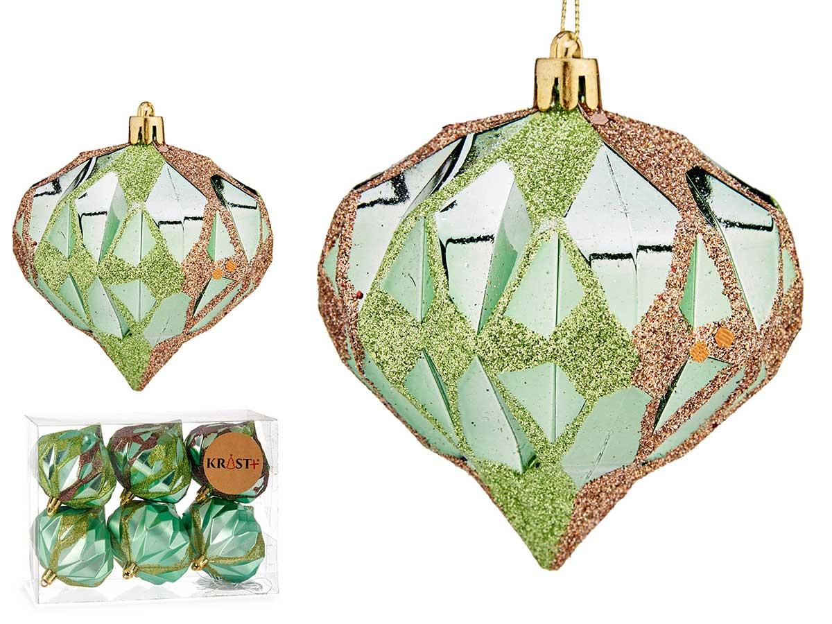 Krist+ Set de 6 Bolas Diamante Verde, 8 cm - Decoración en Plástico (12 Unidades)