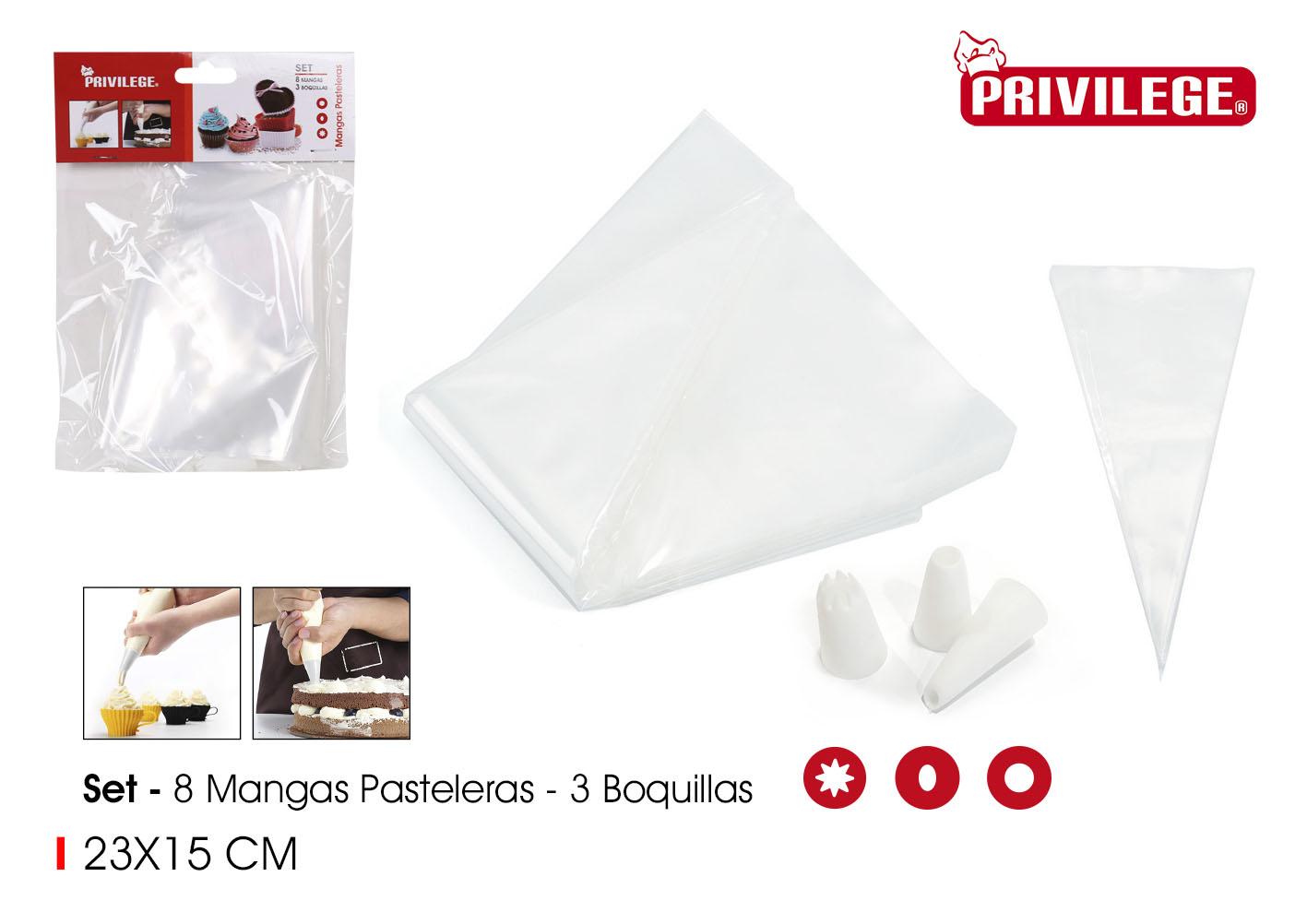 Privilege Set de 8 Mangas Pasteleras con 3 Boquillas - Repostería (24 Unidades)
