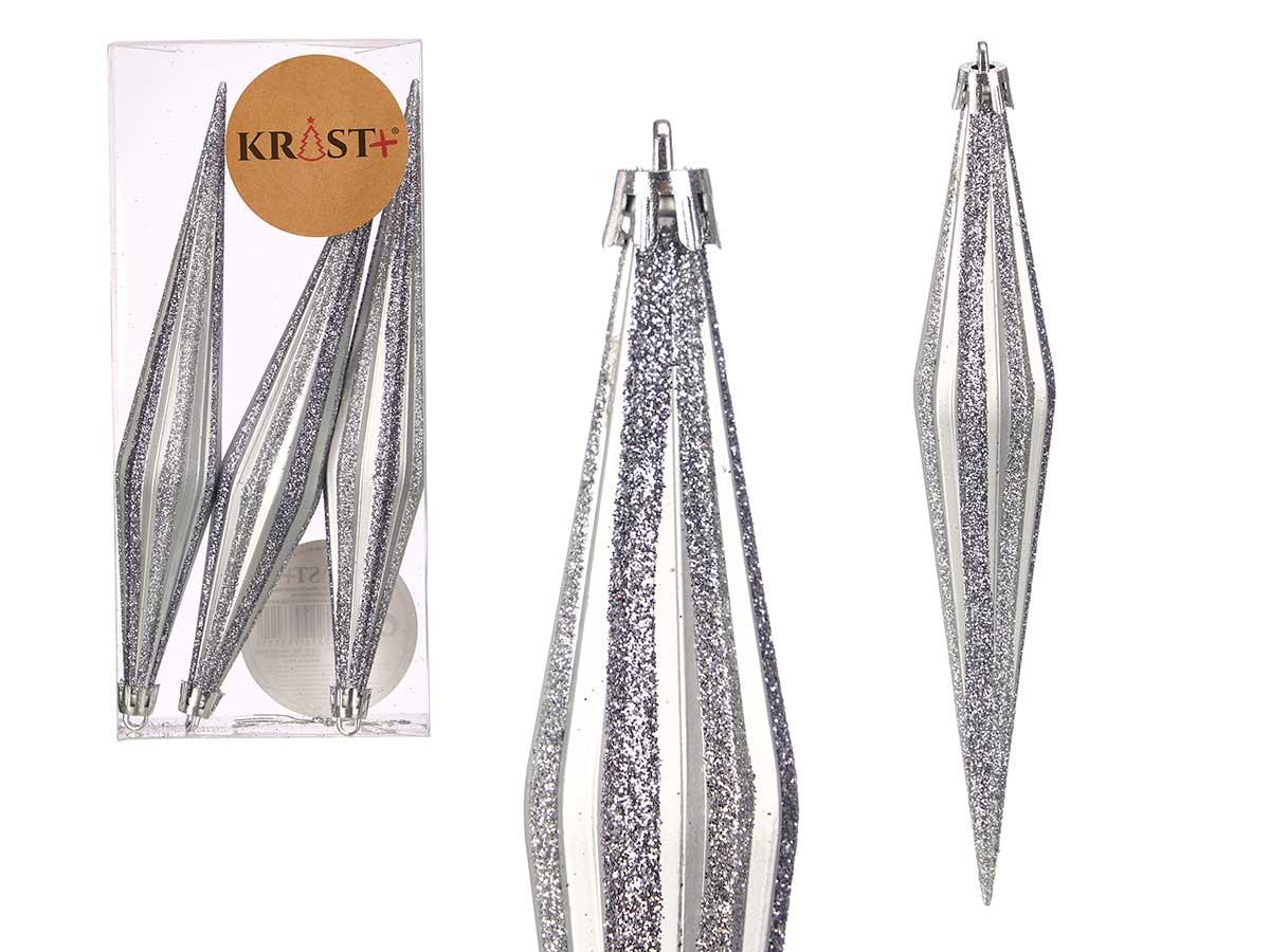 Krist+ Set de 3 Adornos Navideños Alargados en Plata, 17 cm (12 Unidades)