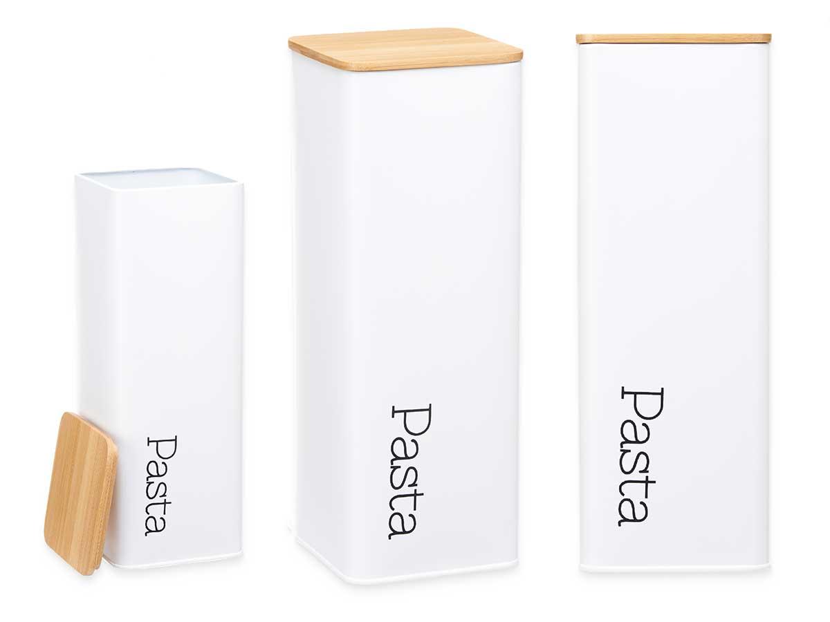 Kinvara Bote de Metal Alto para Pasta, Blanco con Tapa de Bambú, 8x26.5x8 cm (6 Unidades)