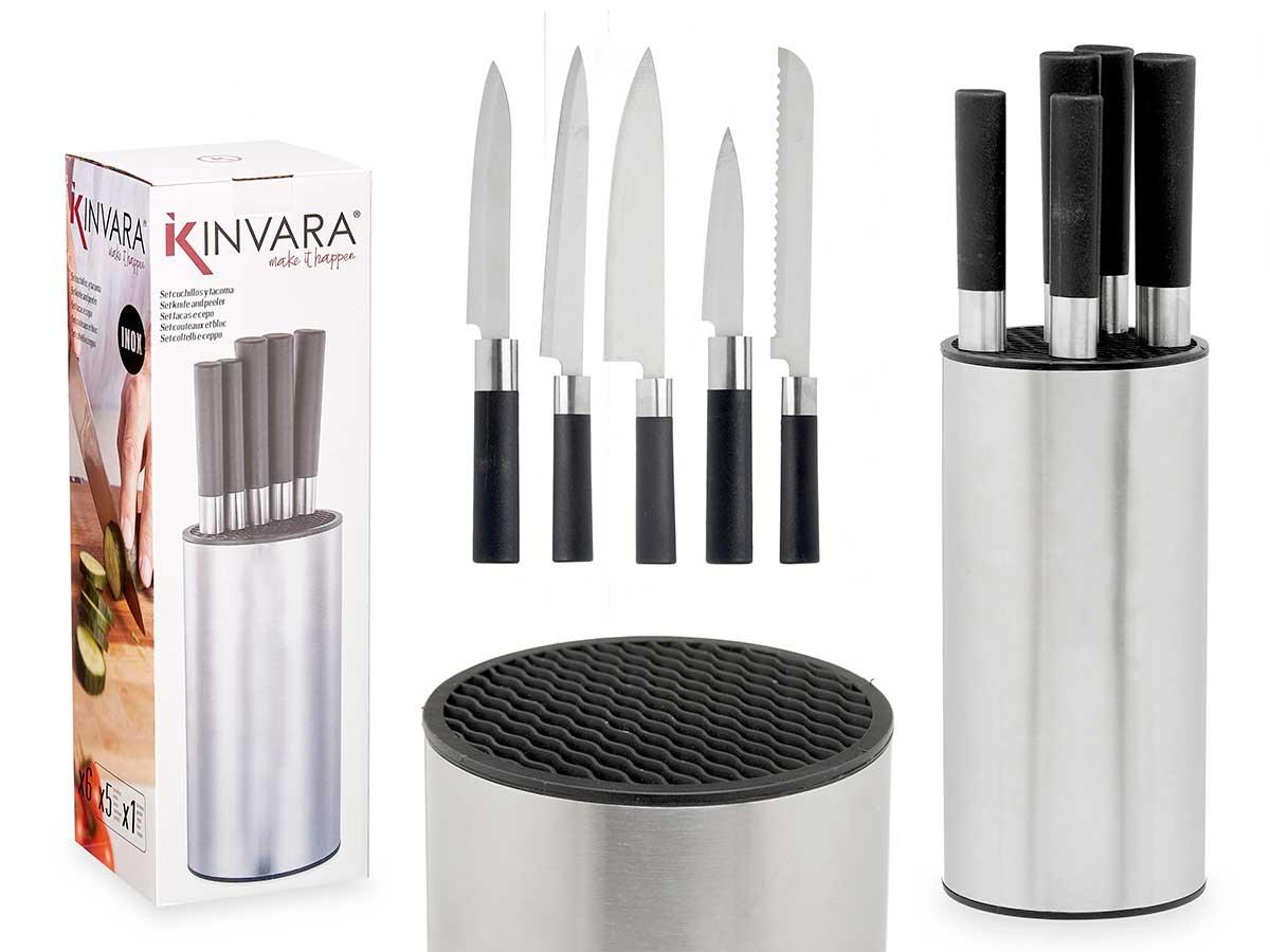 Kinvara Tacoma Redonda Acero 5 Cuchillos 11x35x11 cm Metal y Plástico Negro/Plata (6 Unidades)