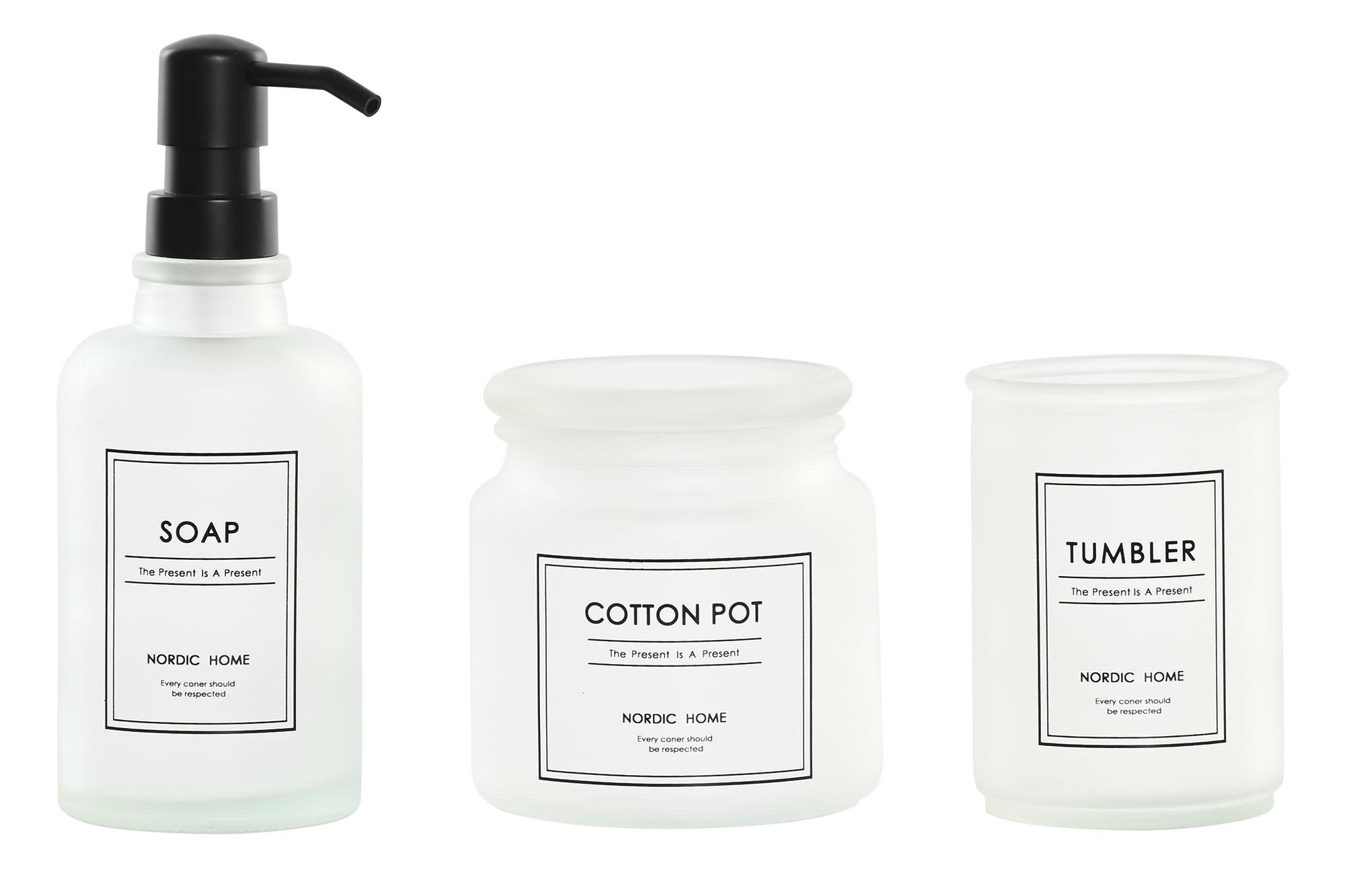 DKD Home Decor Set 3 Piezas Accesorios de Baño en Cristal 400ml Blanco y Negro - Medidas 7.5x7.5x20 cm