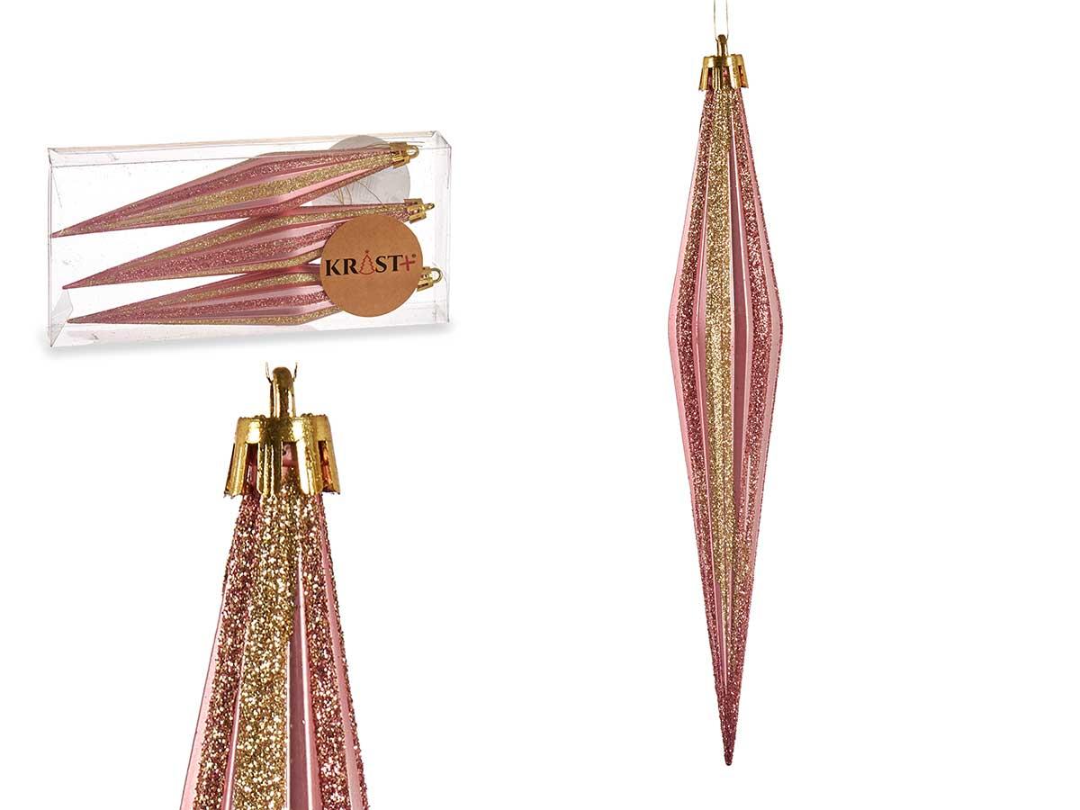 Krist+ Set de 3 Adornos Navideños Alargados en Rosa Oscuro y Oro, 17 cm (12 Unidades)