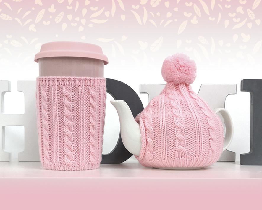 Set de invierno de cerámica en rosa - Taza y tetera para bebidas calientes