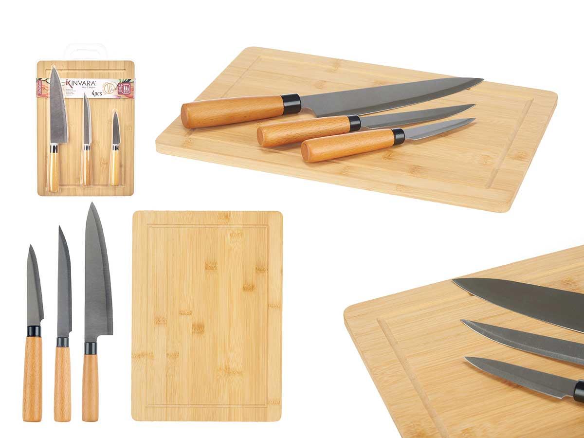 Kinvara Set Tabla de Bambú con 3 Cuchillos para Queso 26x40x4 cm Marrón (6 Unidades)