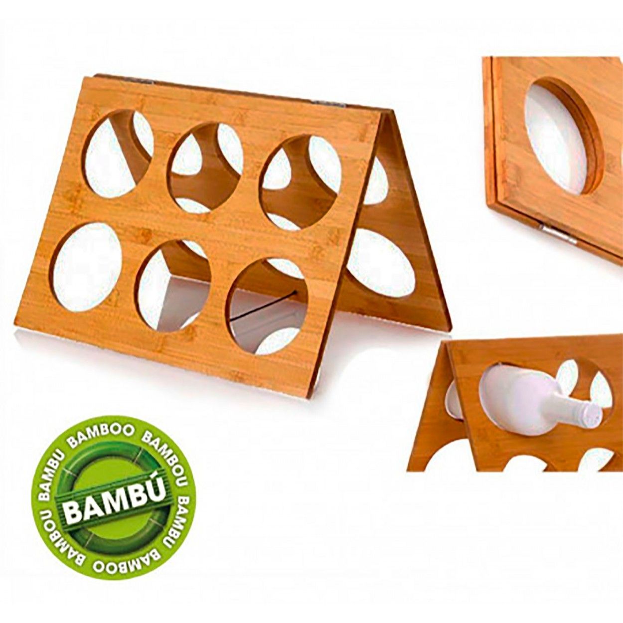 Botellero plegable de bambú color Natural, Capacidad para 6 botellas 35,5X25X22cm