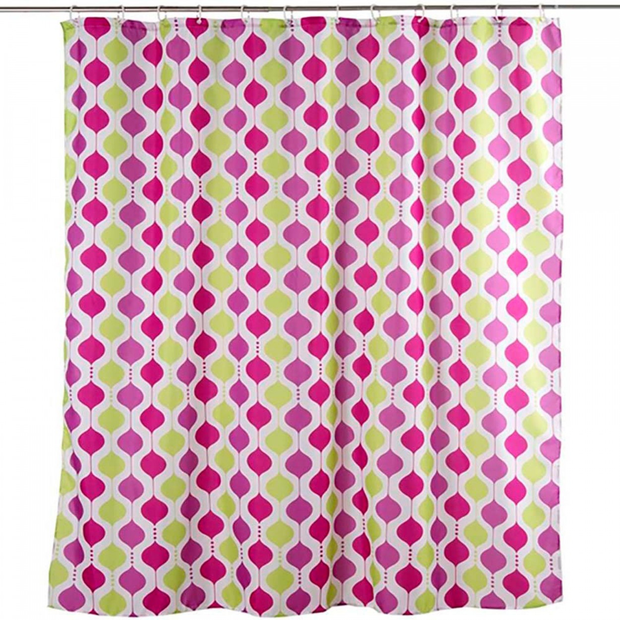 CORTINA BAÑO FORMAS GEOMÉTRICAS MORADA Y VERDE 180X200CM