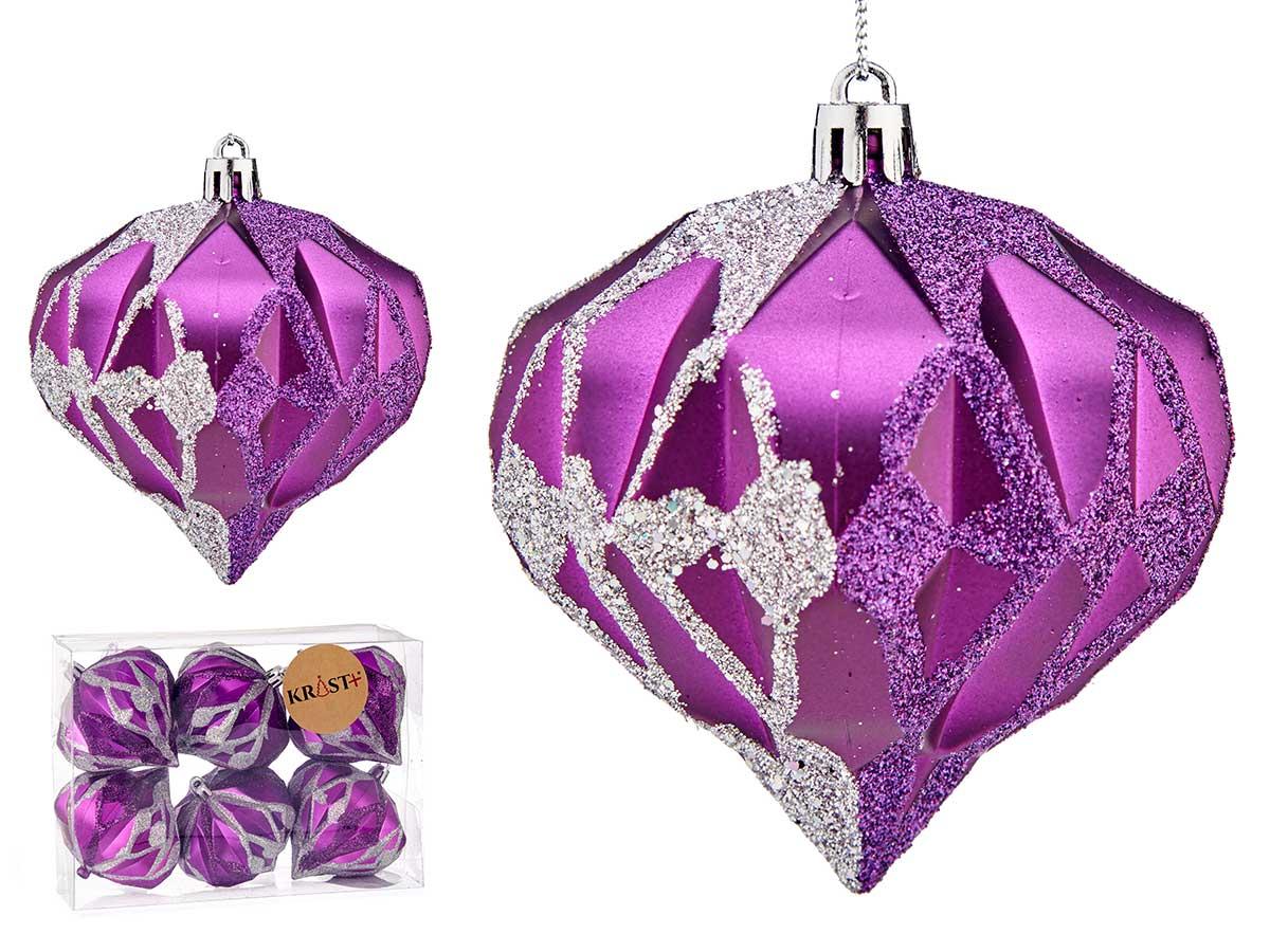 Krist+ Set de 6 Bolas en Forma de Diamante, Morado/Plata, 8 cm (12 Unidades)