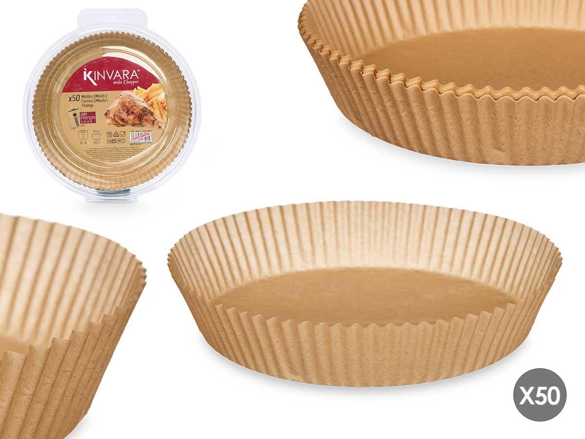 Kinvara Set de 50 Moldes de Papel Redondos para Freidora de Aire, Base Ø 19.5 cm, 23x23x4 cm, Color Natural, para 5 a 7 Litros (24 Unidades)