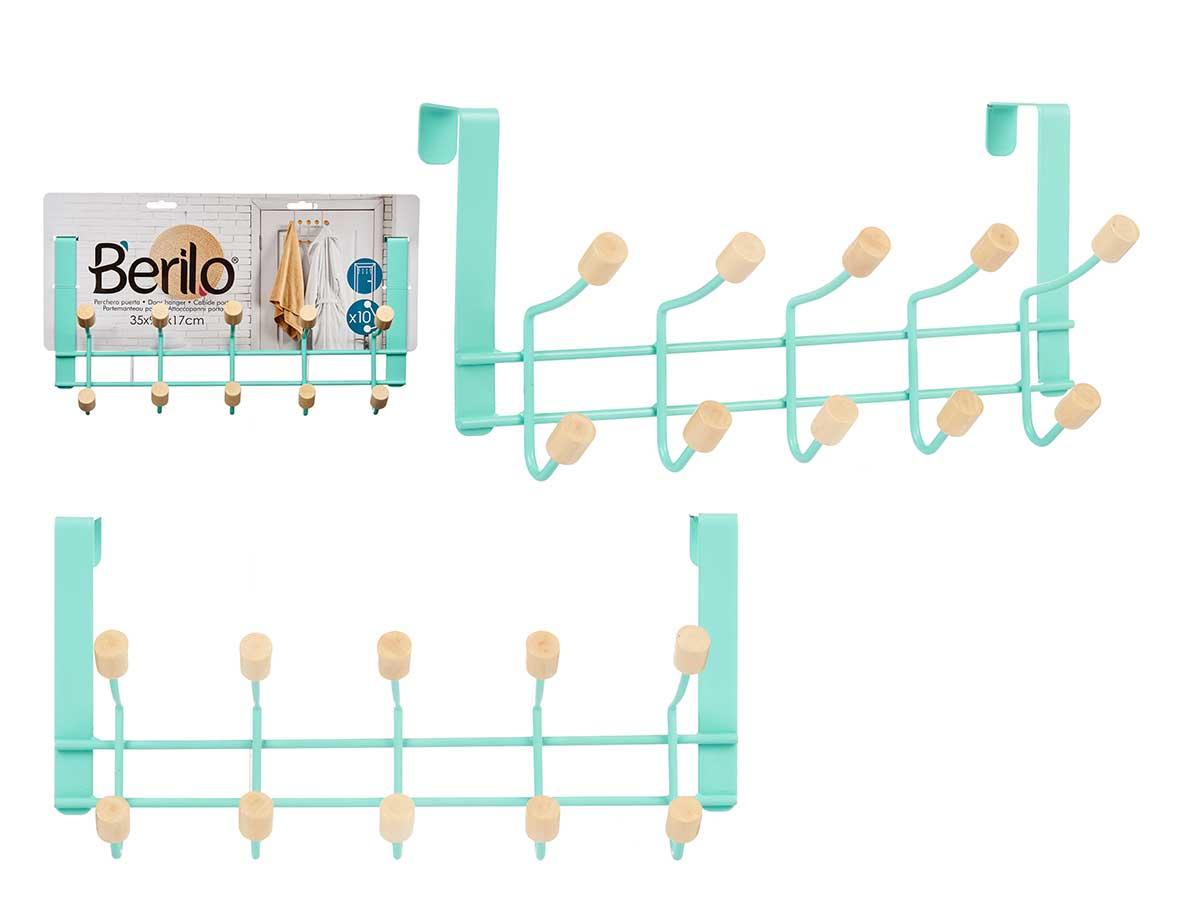 Berilo Percha de Metal con 10 Ganchos y Madera, Color Menta, 35x17x15 cm (6 Unidades)