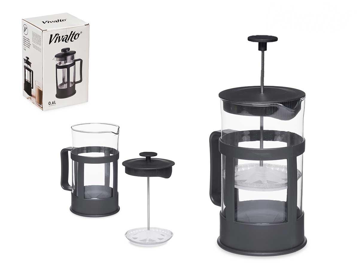 Vivalto Tetera de Vidrio y Plástico con Embolo 600 ml, 12.5x17.5x9.5 cm (12 Unidades)