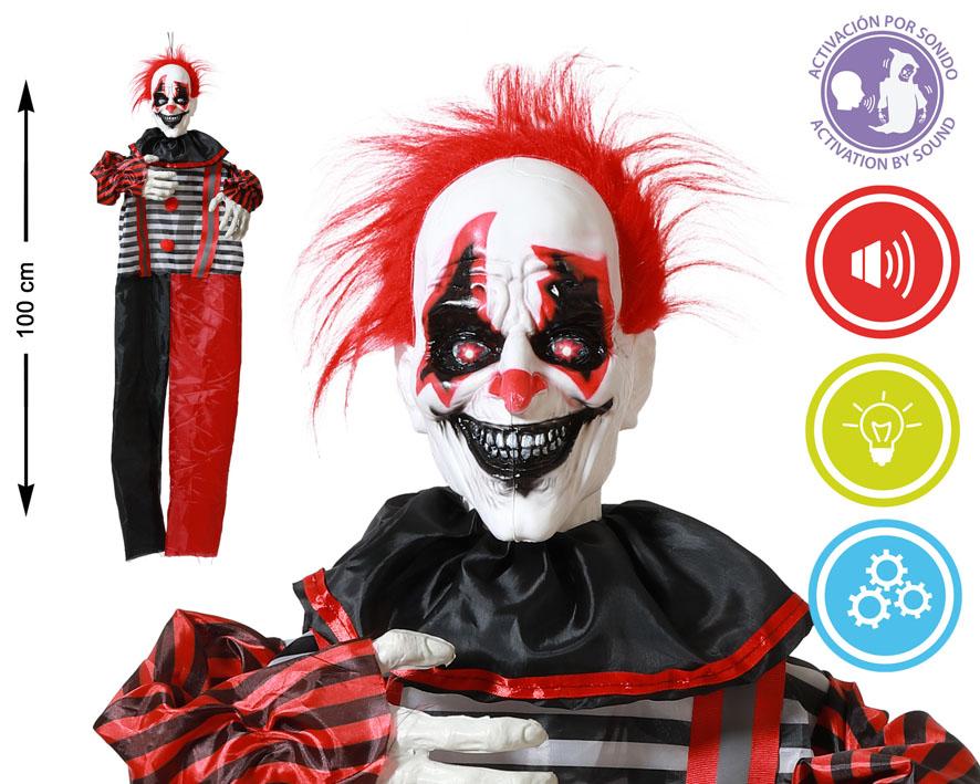 Payaso Colgante con Pelo Rojo y Traje de Rayas 100 cm con Luz y Sonido para Halloween